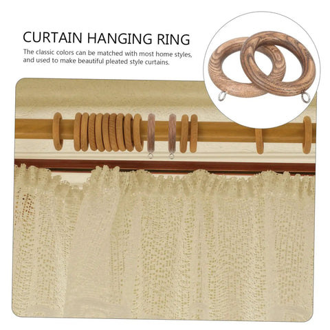 Wooden Curtain Rod Rings 2 Piece Set Durable Multipurpose Curtain Hanging Rings for Roman Poles with Smooth Glide Hooks displayed on rod.
