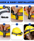 Hard Hat Light Clips 20 Pack For Headlamps Cap Style Helmet Mounts With Anti Slip Buckle shown in installation steps on yellow helmet