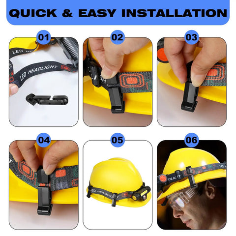 Hard Hat Light Clips 20 Pack For Headlamps Cap Style Helmet Mounts With Anti Slip Buckle shown in installation steps on yellow helmet