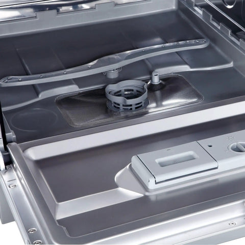 Interior view of Compact Countertop Dishwasher Featuring Stainless Tub And Seven Quick Wash Options, showing spray arm and filter.