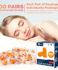 Soft Foam Ear Plugs For Sleeping And Travel, 800 Pairs, 32dB NRR And 37dB SNR, Noise Blocking, in packaging with sleeping person