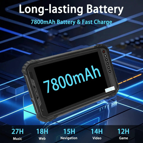 Bombproof 8 Inch Rugged Tablet Running Android 13 Industrial Workhorse with 7800mAh battery and performance metrics on display.