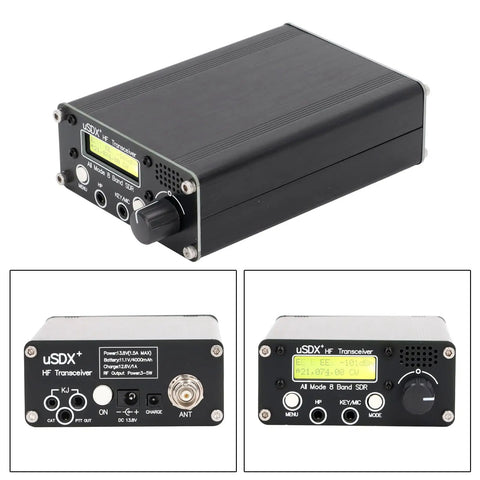 Front and rear view of 8 Band HF SSB QRP Radio Transceiver With LCD SDR Full Mode CW FT8 JS8 FT4 Compatible Digital Modes BNC Antenna.
