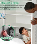 Child safe cabinet with anti-pinch design, preventing finger injuries with small-angle buffering feature, demonstrated by adult and child.