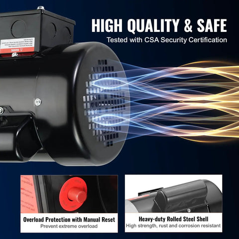 Workhorse 1HP Electric Motor With Reversible CW CCW Rotation For Air Compressors And Farm Machinery, showing air flow and safety features