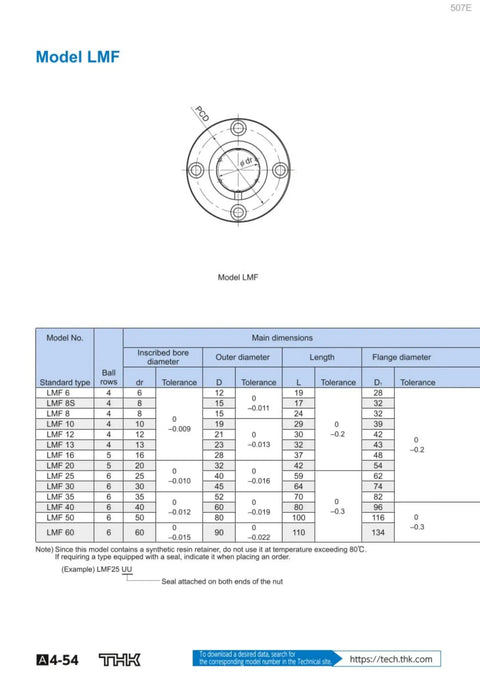 Lmf20uu Linear Bearing Round Flange Bushing 20mm Id 32mm Od 42mm Long technical drawing with dimensions and details.