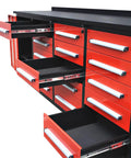 Rock Solid Ten Foot Heavy Steel Workbench And Tool Cabinet Featuring Fifteen Locking Drawers And Pre Cut Non Slip Liners For Your No Nonsense Garage Setup, showing open drawers with black liners.