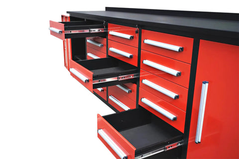 Rock Solid Ten Foot Heavy Steel Workbench And Tool Cabinet Featuring Fifteen Locking Drawers And Pre Cut Non Slip Liners For Your No Nonsense Garage Setup, showing open drawers with black liners.
