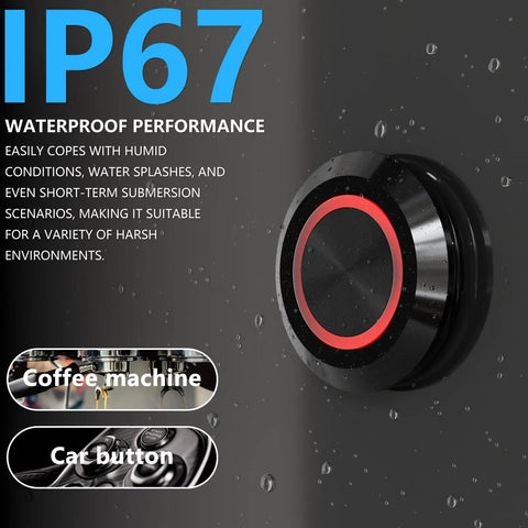 Built Tough Three Pack 12mm Momentary Push Button Switch With Bright Green Led Indicator And IP67 Waterproof Rating Featuring Pre Wired Leads For Straightforward Hookup On 12V Or 24V DC Panels water-resistant switch with red indicator illuminated.