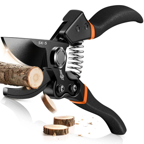 8.5 Inch Pruning Shears For Easy Cuts With Ultra Sharp Japanese Steel Titanium Blade Arthritis Friendly Garden Clippers cutting branch