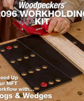 32 Piece Workholding Kit With Dog And Wedge Clamp Holdfast System for MFT tables in use on a woodworking board