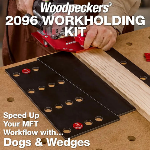 32 Piece Workholding Kit With Dog And Wedge Clamp Holdfast System for MFT tables in use on a woodworking board