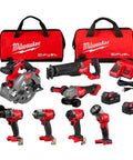 Badass M18 Cordless Brushless Six Piece Power Tool Combo Pack Features Beast Mode Hammer Drill Impact Driver Reciprocating Saw Circular Saw And Grinder With Rugged Batteries And Fast Charger For Garage Buildouts.