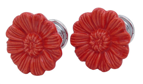 Killer Vintage Floral Daisy Ceramic Drawer Knobs For Dressers And Cabinets Six Piece Red Knob Set With Screws No Sweat Swap, close-up view.