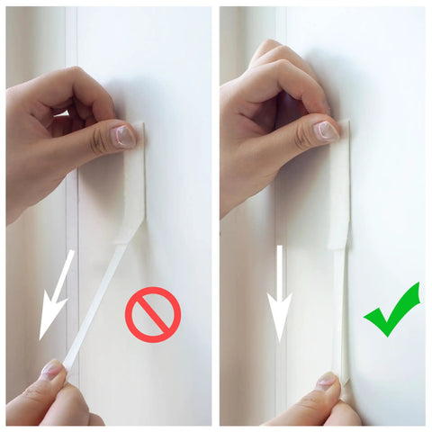 12 Pairs Large Picture Hanging Strips Heavy Duty Removable Hook And Loop Adhesive For Damage Free Frame Hanging On The Wall No Tools Needed Easy To Use showing proper and improper application on wall.