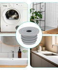 Two Pack Flexible Silicone Drain Plug for Washing Machines and Floor Drains displayed with kitchen and bathroom settings.