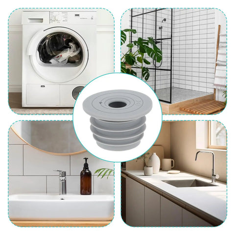 Two Pack Flexible Silicone Drain Plug for Washing Machines and Floor Drains displayed with kitchen and bathroom settings.