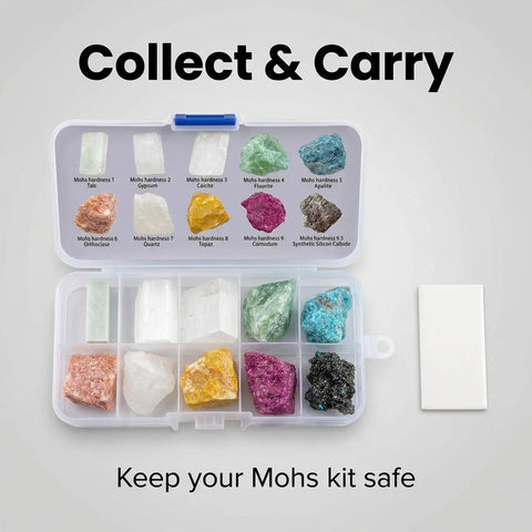 Mohs Hardness Test Kit With Ten Rocks And Unglazed Porcelain Streak Plate For Easy Mineral Testing And Rock Identification Complete Geology Kit For Students And Hobbyists in storage case