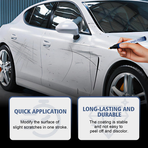 Person using Scratch Repair Pen For Cars Quick Easy Paint Touch Up That Fixes Scratches Chips And Scuffs In Seconds Waterproof And UV Resistant Works On All Colors Long Lasting Shine For Any Vehicle DIY Friendly on a white car with visible scratches.