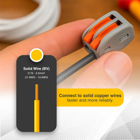 110 Piece Compact Lever Connector Kit With Push In Terminals 2 And 3 Port Splice Blocks For Electrical Wiring AWG Cable Joiners shown in use