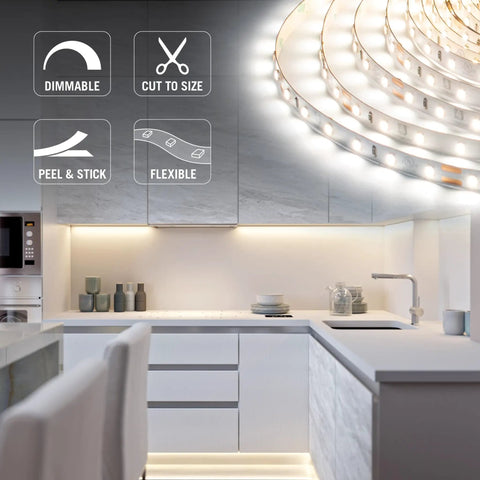24V White LED Strip Lights, 60 LEDs Per Meter, 32.8 Feet, 3000K Warm White in kitchen under-cabinet and cove lighting.