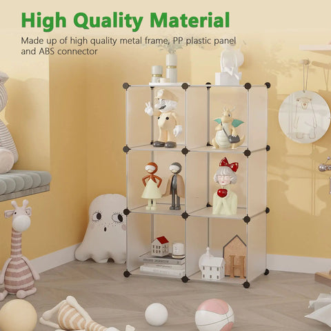 Translucent white six cube storage organizer shelving unit with toys, showcasing high quality material in a child's room.