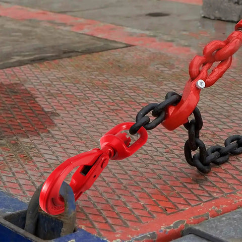 Rugged As Nails 3/8 Inch Swivel Self Locking Eye Hook, Grade 80 Forged Alloy Steel, 6945 Lbs Working Load Limit, red hook attached to black chain.