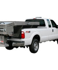 Commercial Gas Powered Stainless Steel Hopper Spreader With Extension Chute 2 Cubic Yard Tank mounted on pickup truck