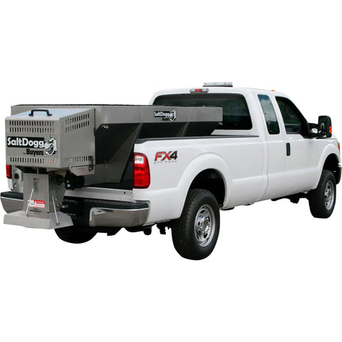 Commercial Gas Powered Stainless Steel Hopper Spreader With Extension Chute 2 Cubic Yard Tank mounted on pickup truck