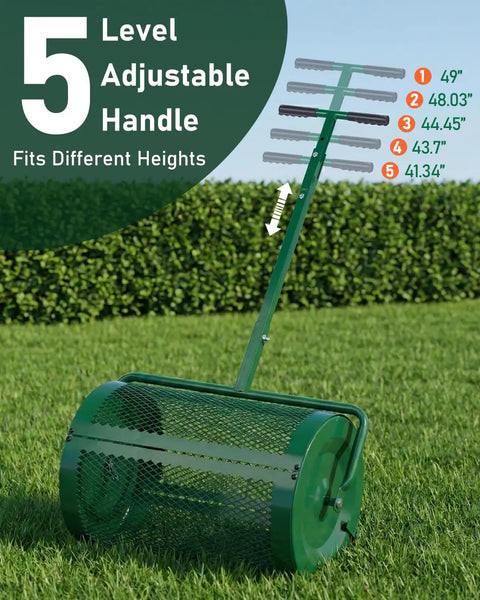 Heavy Duty Workhorse 24 Inch Compost Spreader with push and tow handle showing five height adjustments in garden setting
