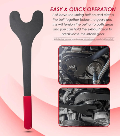 Camshaft pulley holding tool with black U-shaped head and red handle, shown beside engine timing belt gears.