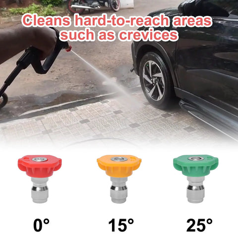 Podoy pressure washer nozzle tip set; three color-coded tips (red, orange, green) for 0°, 15°, 25° with 1/4 inch quick-connect