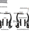 Beefed-Up All-In-One Bike Brake Kit with black and silver aluminum alloy calipers, rubber pads, detailed labeled parts visible