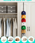 Heavy Duty Metal Hat Organizer For Baseball Caps Over The Door Cap Rack holds caps of various styles neatly in a closet.