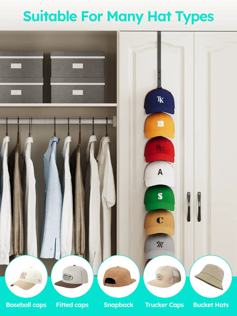 Heavy Duty Metal Hat Organizer For Baseball Caps Over The Door Cap Rack holds caps of various styles neatly in a closet.