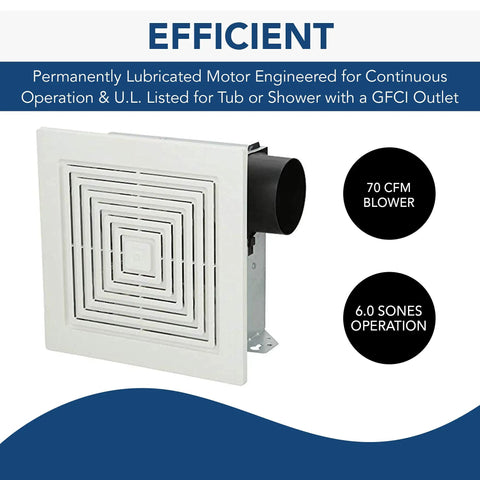 Quiet 70 CFM Ceiling Or Wall Mount Exhaust Fan For Home Ventilation With 6 Sones Easy Torsion Spring Grille Mount, efficient design