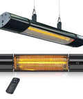Outdoor Electric Infrared Patio Heater With Remote Control Wall Or Ceiling Mount 1500W Cozy Indoor Outdoor Use Sun Like Warmth With Low Running Cost Black, showing front view.