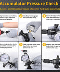 Steps to use Hydraulic Accumulator Charging Kit With Three Gauges 1500 4000 6000 PSI Six Adapters And Couplings One Gas Hose