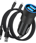 MFi Certified Dual USB Car Charger With 12W Fast Charge, Cigarette Lighter Power Adapter, 4.8A Peak, Includes 2 Pack Lightning Braided Cables