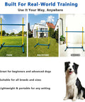 Two Pack Dog Agility Jump Set with adjustable PVC hurdles displayed in park, backyard, and indoor settings for versatile training.