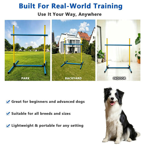 Two Pack Dog Agility Jump Set with adjustable PVC hurdles displayed in park, backyard, and indoor settings for versatile training.