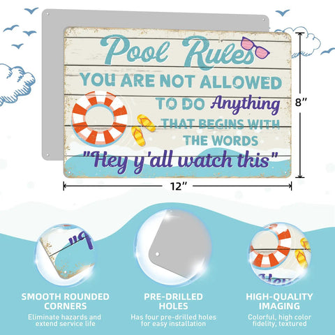Pool Rules Sign For Outdoor Decor And Backyard Chill Vibes Durable Metal Wall Art 12 By 8 Inches With Four Pre Drilled Holes For Easy Hanging Perfect For Poolside Bar Beach Home And Deck