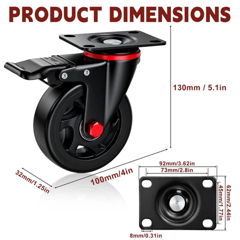 Heavy Duty 4 Inch Caster Wheels With Dual Lock Brakes 2400 Lb Capacity Set Of 4 dimensions shown, including size and measurements.