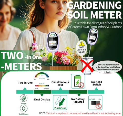 Woman using 2 In 1 Soil Moisture And PH Tester For Plants, The Easy Garden Meter with Dual Screen for lawn and garden care