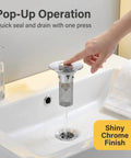 Universal Bathroom Sink Drain Stopper Pop Up Filter With 304 Stainless Steel Hair Catcher Strainer Basket Anti Clog Design fits shiny chrome finished sink.