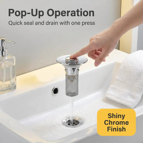 Universal Bathroom Sink Drain Stopper Pop Up Filter With 304 Stainless Steel Hair Catcher Strainer Basket Anti Clog Design fits shiny chrome finished sink.