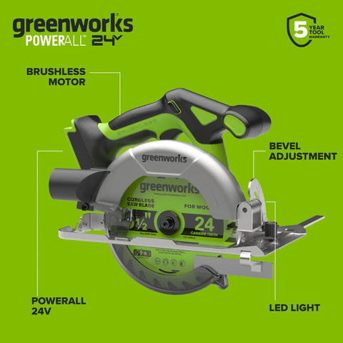Heavy Duty Brushless Cordless Circular Saw Tool Only Featuring Snappy 24 Volt Battery Power And Knockout Demolition Cutting With Easy Lock Bevel Adjustment For Dependable High Speed Performance close-up of the saw blade and handle