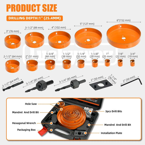 Luckyway Hole Saw Kit Pro, 24-piece set with orange hole saws (3/4 to 6 in), drill bits and mandrels in case.