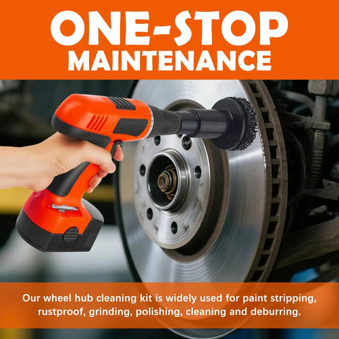 9 Piece Wheel Hub Cleaning Tool Kit With Polishing Pads For Power Drill In Use On Car Wheel