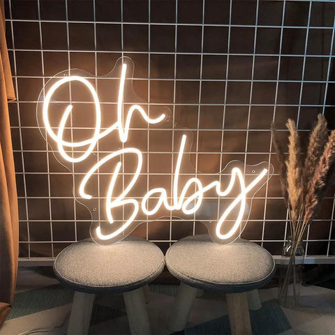 Dimmable LED Neon Sign With Transparent Acrylic Backplate, Indoor Wall Decor, displaying 'Oh Baby' in warm white, 22.2 x 20.9 inches.